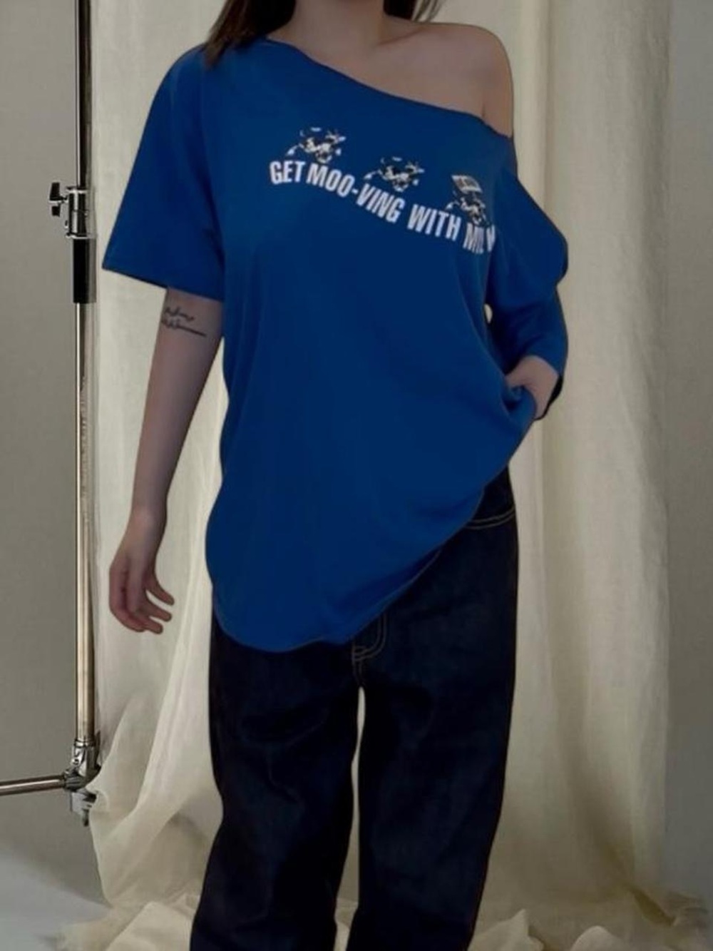 Vintage Blue Oversized Off the Shoulder Graphic Tee